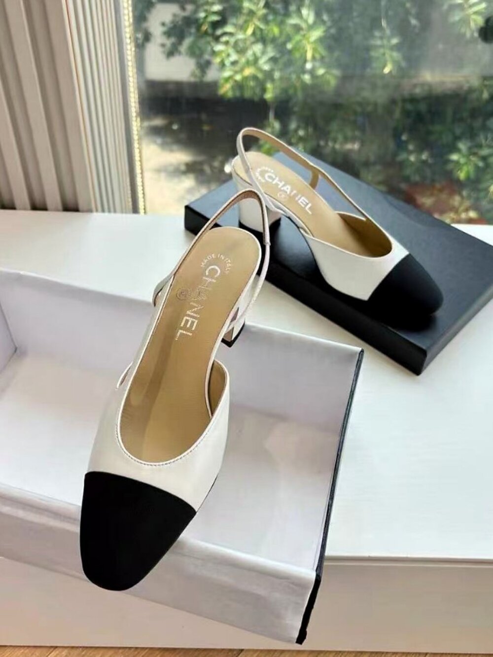 CHANEL Two-Tone Cap Toe Slingback Block Heel Pumps